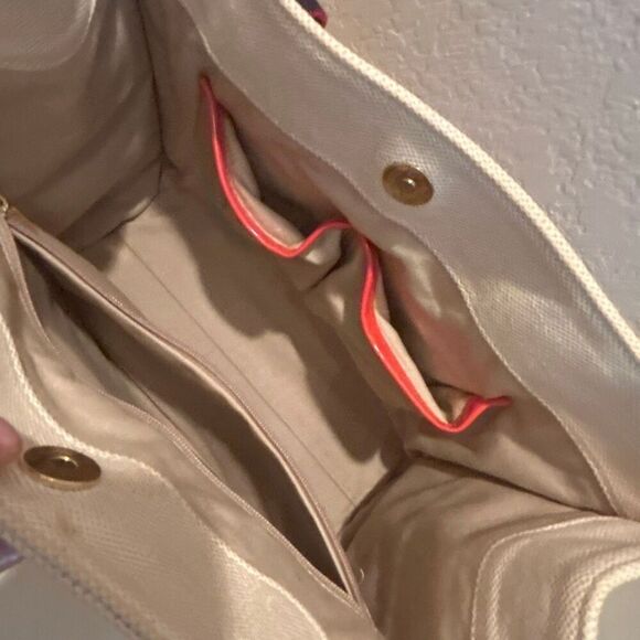 Tory Burch Canvas Tote Bag Neutral Blue Red Boho Strap Coastal Beach Vacation - Picture 10 of 12